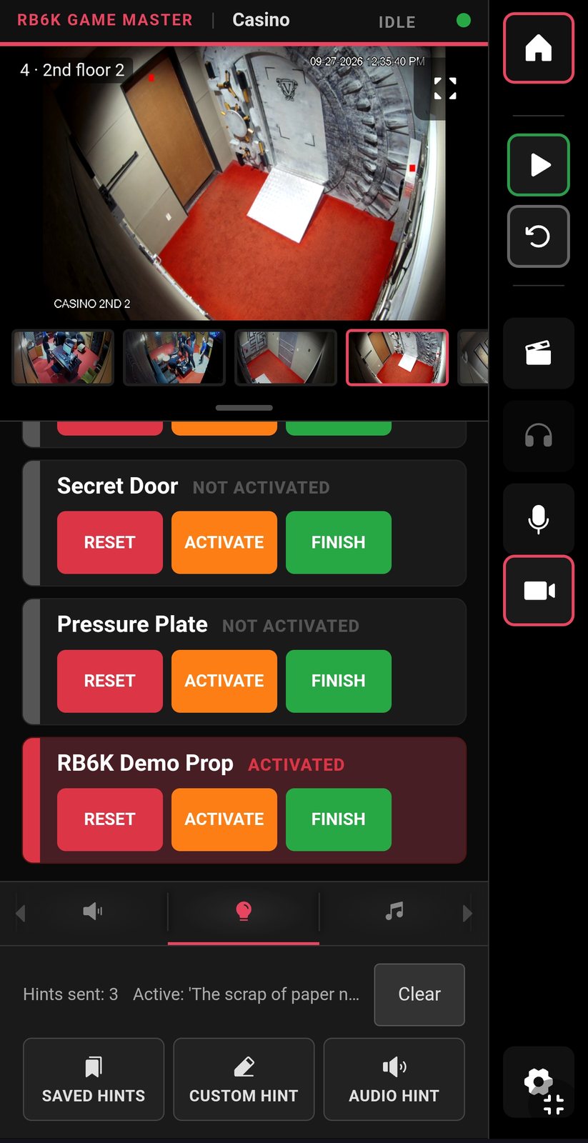 The RB6K game master software running on a phone