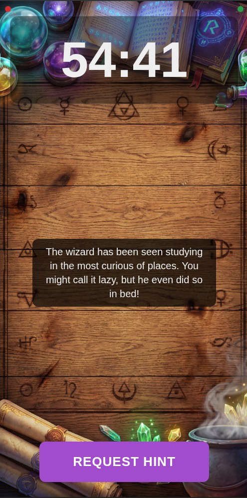 The RB6K player kiosk in a wizard-themed room, showing the timer and a hint